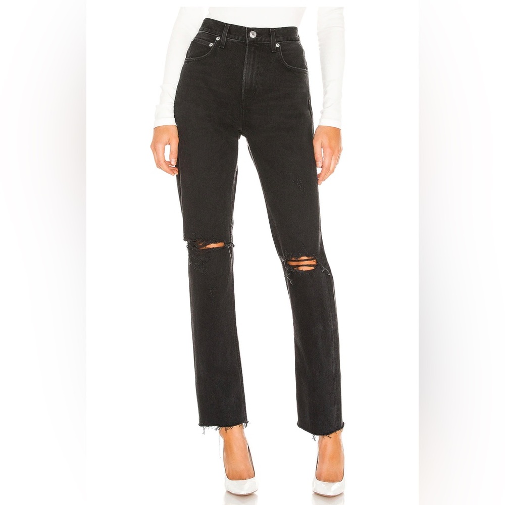 Agolde Cherie Straight Leg High Rise Black Distortion Distressed Grunge Jeans 27